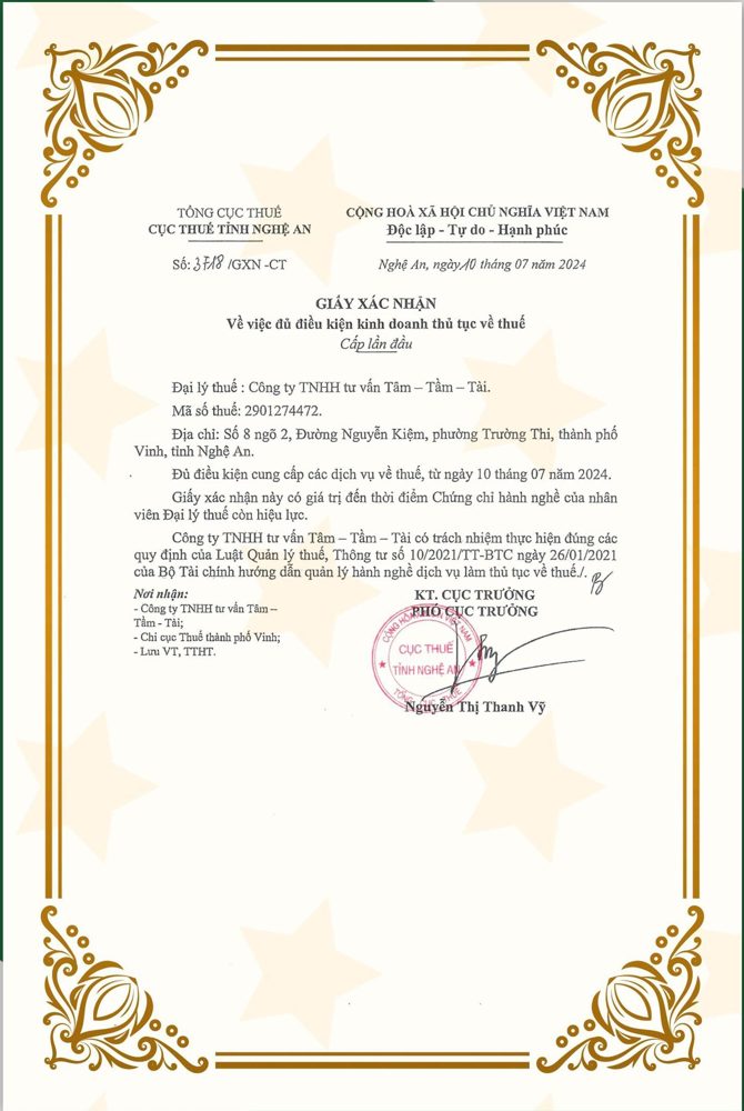 Giấy xác nhận đại lý thuế của Tâm - Tầm - Tài