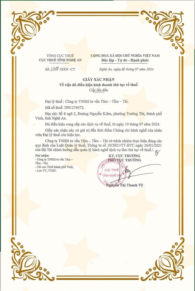 Giấy xác nhận đủ điều kiện kinh doanh dịch vụ làm thủ tục về thuế của Công ty TNHH Tư vấn Tâm - Tầm - Tài