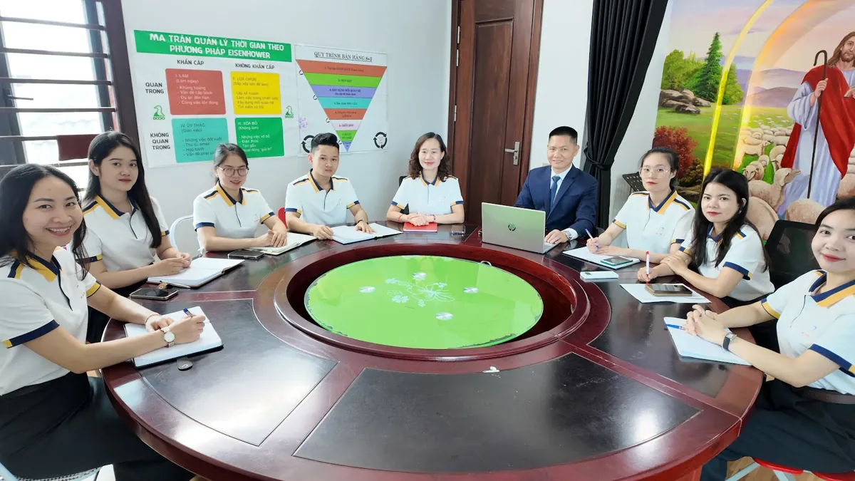 Nhân viên và anh Nguyễn Quốc Huy họp quanh bàn tròn lớn tại Tâm - Tầm - Tài – Chi phí thành lập công ty hạch toán vào đâu
