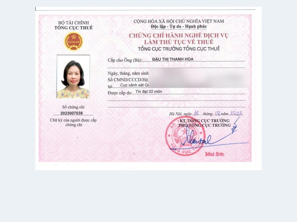 Chứng chỉ hành nghề dịch vụ làm thủ tục về thuế của chị Đậu Thị Thanh Hoa, Tâm - Tầm - Tài