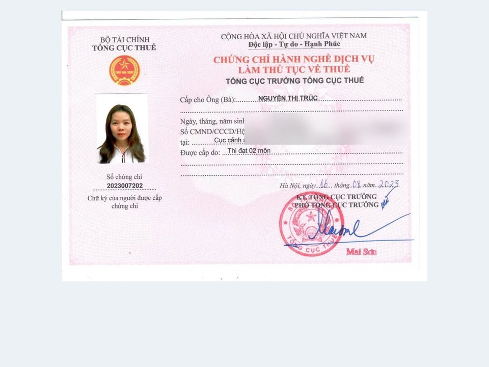 Chứng chỉ hành nghề dịch vụ làm thủ tục về thuế của chị Nguyễn Thị Trúc, Tâm - Tầm - Tài