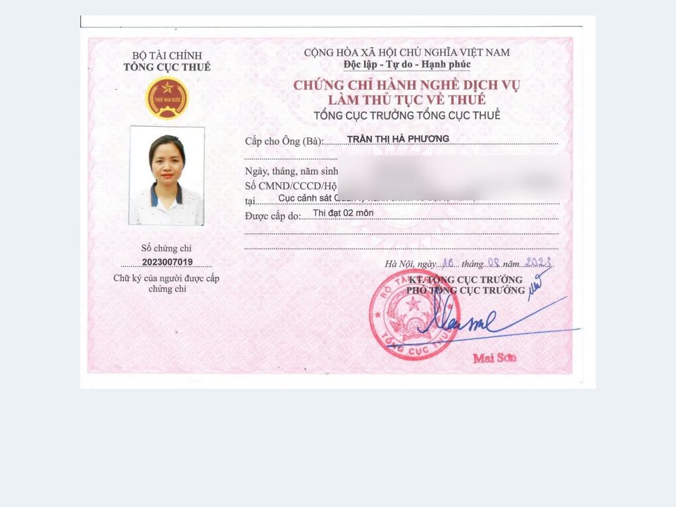 Chứng chỉ hành nghề dịch vụ làm thủ tục về thuế của chị Trần Thị Hà Phương, Tâm - Tầm - Tài
