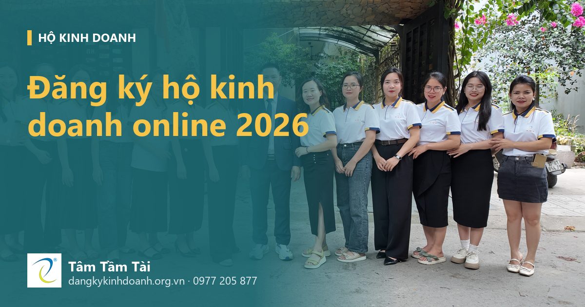Đăng ký hộ kinh doanh online 2026 – ảnh nền: tập thể Tâm Tầm Tài trước trụ sở công ty
