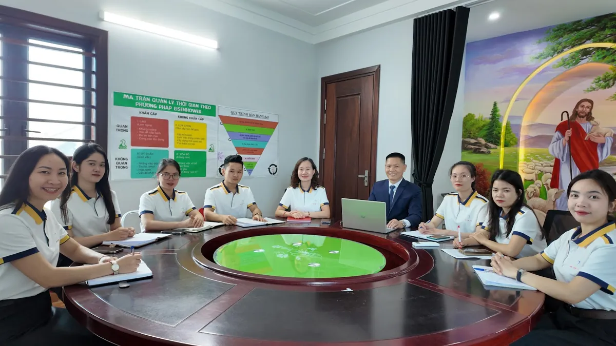 Buổi họp nội bộ quanh bàn tròn, bảng quy trình trên tường